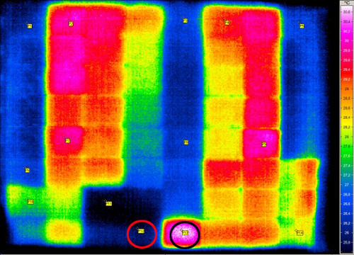 Abb.5: Zwischen den beiden eingekreisten Feldern besteht eine Differenztemperatur von 5° C und zeigt einen deutlichen Wärmekapazitätsunterschied auf.