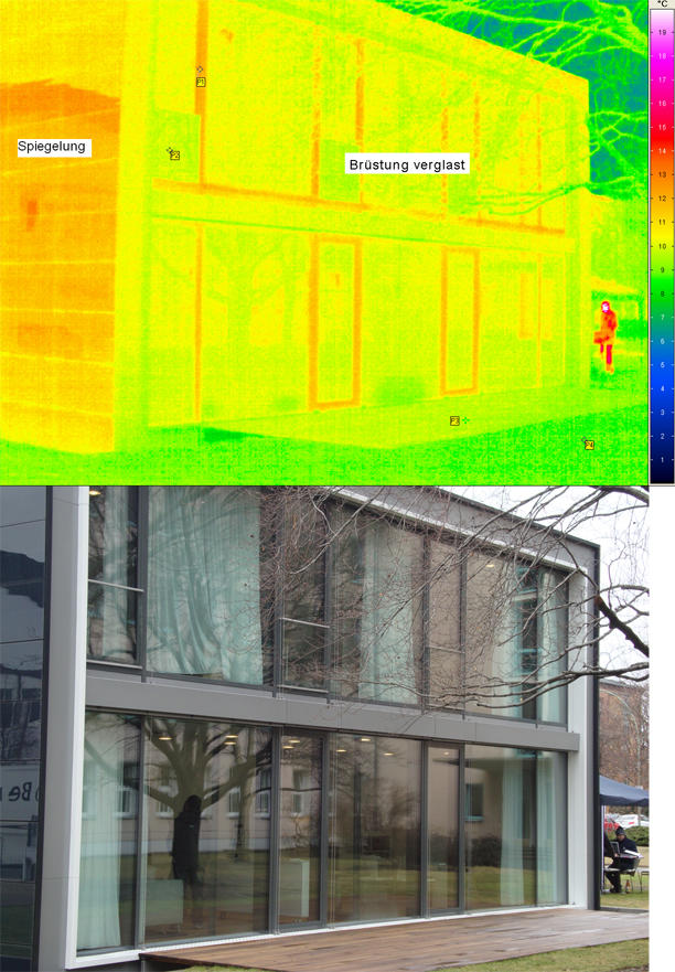 Abb.3: Auf dem oberen Bild ist links eine Solarzellenfläche zu sehen, auf der sich sowohl im Wärmebild wie auch im unteren realen Bild Spieglungen zeigen