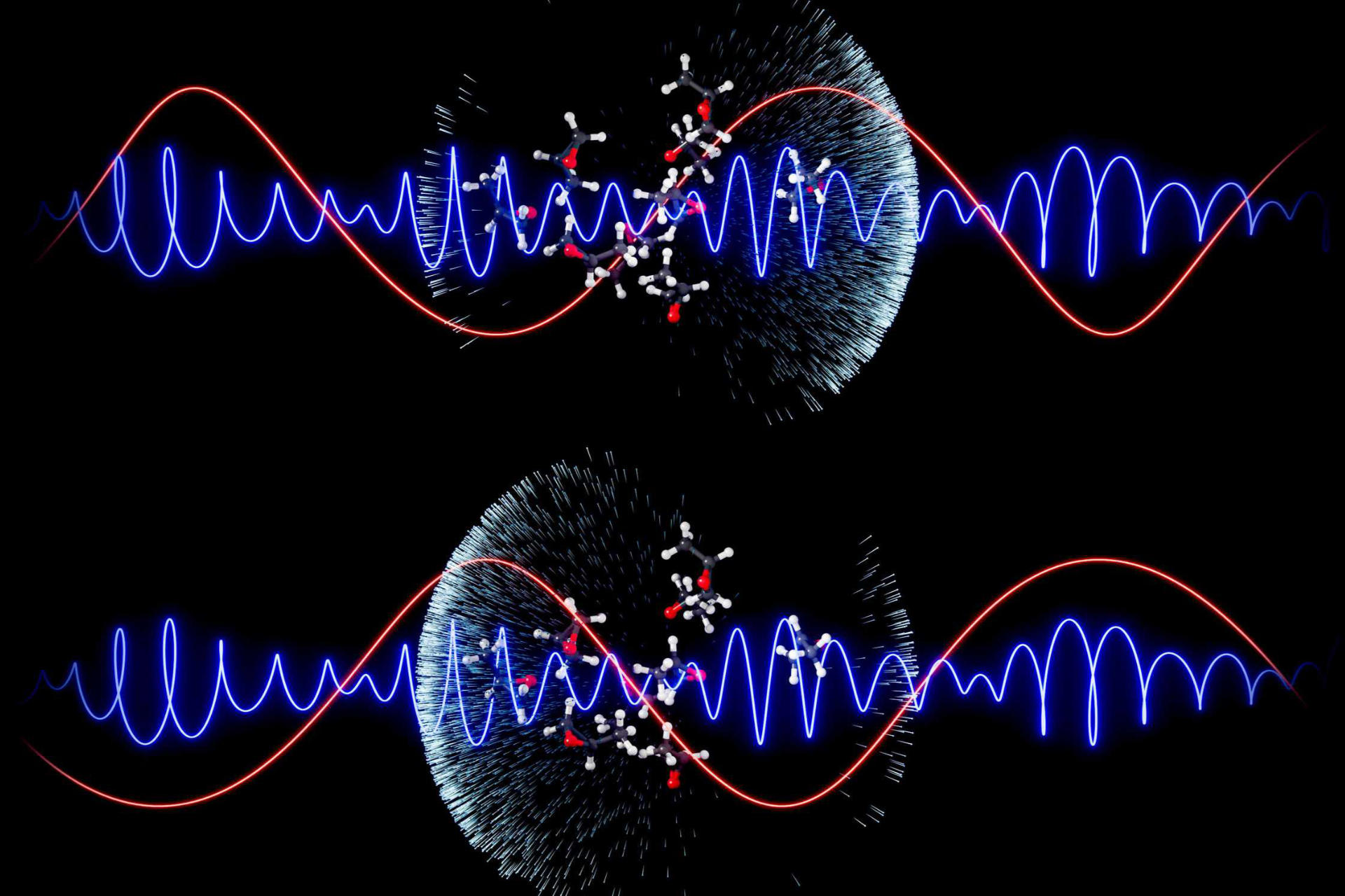 Wenn rotierendes Licht auf chirale Moleküle trifft, werden Elektronen bevorzugt in Vorwärts- oder Rückwärtsrichtung emittiert. Attosekundenpulse (blau) und Infrarotpulse (rot) können die Richtung manipulieren und umkehren